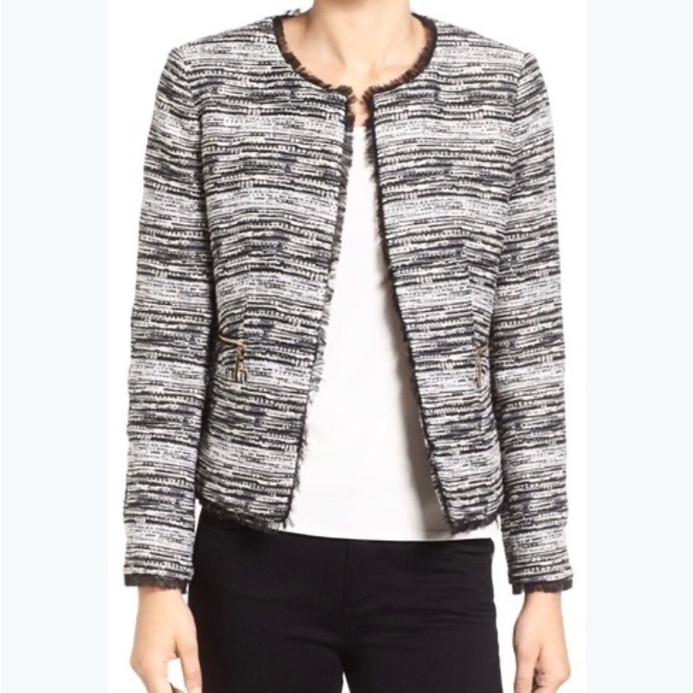 Ivanka Trump Tweed Blazer Jacket Black White Fringe Hem Collarless Lined size 8